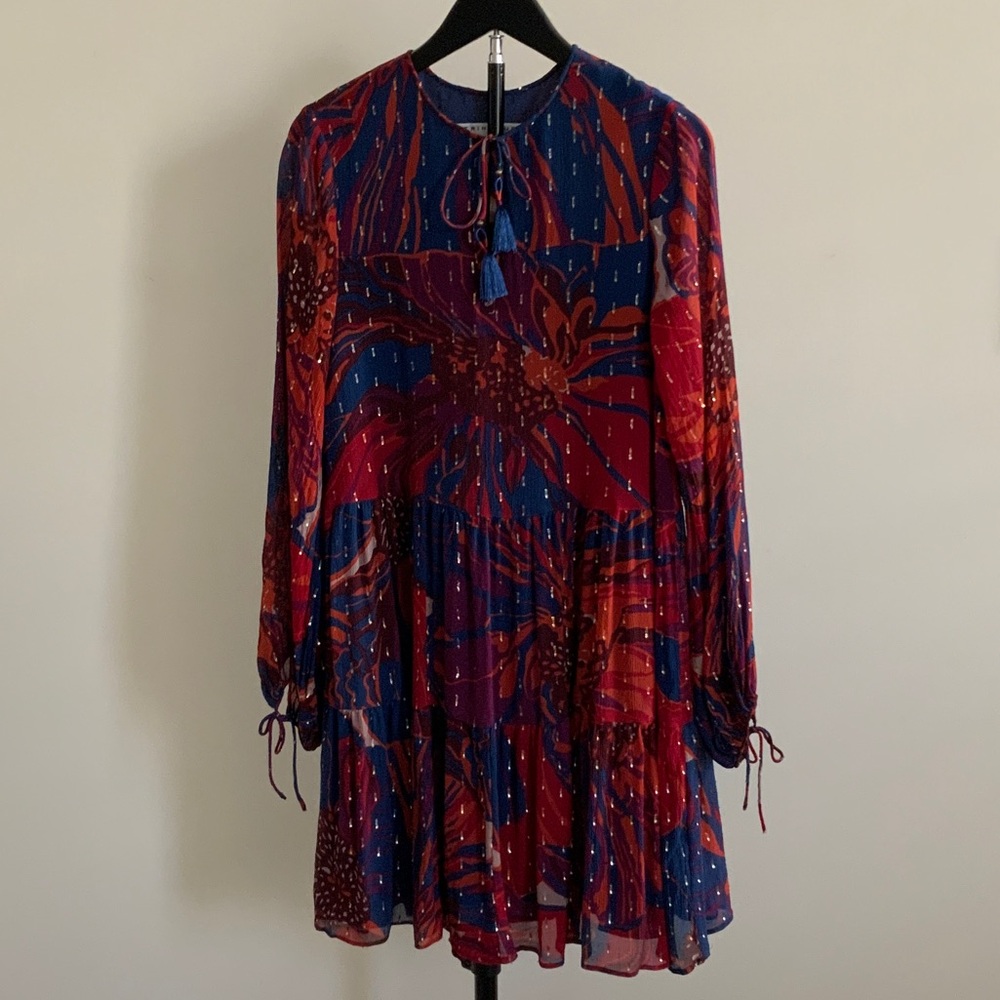 Trina Turk Red and Blue Floral Long Sleeve Dress